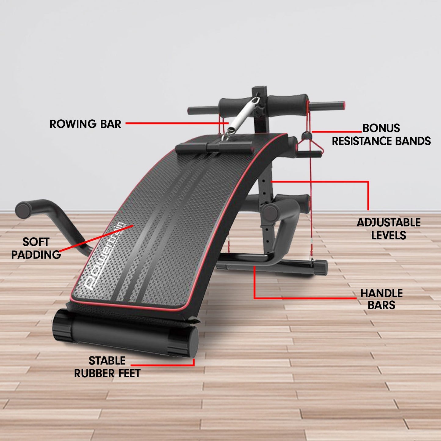 Powertrain Incline Sit-Up Bench with Resistance Bands and Rowing Bar Build Your Strength