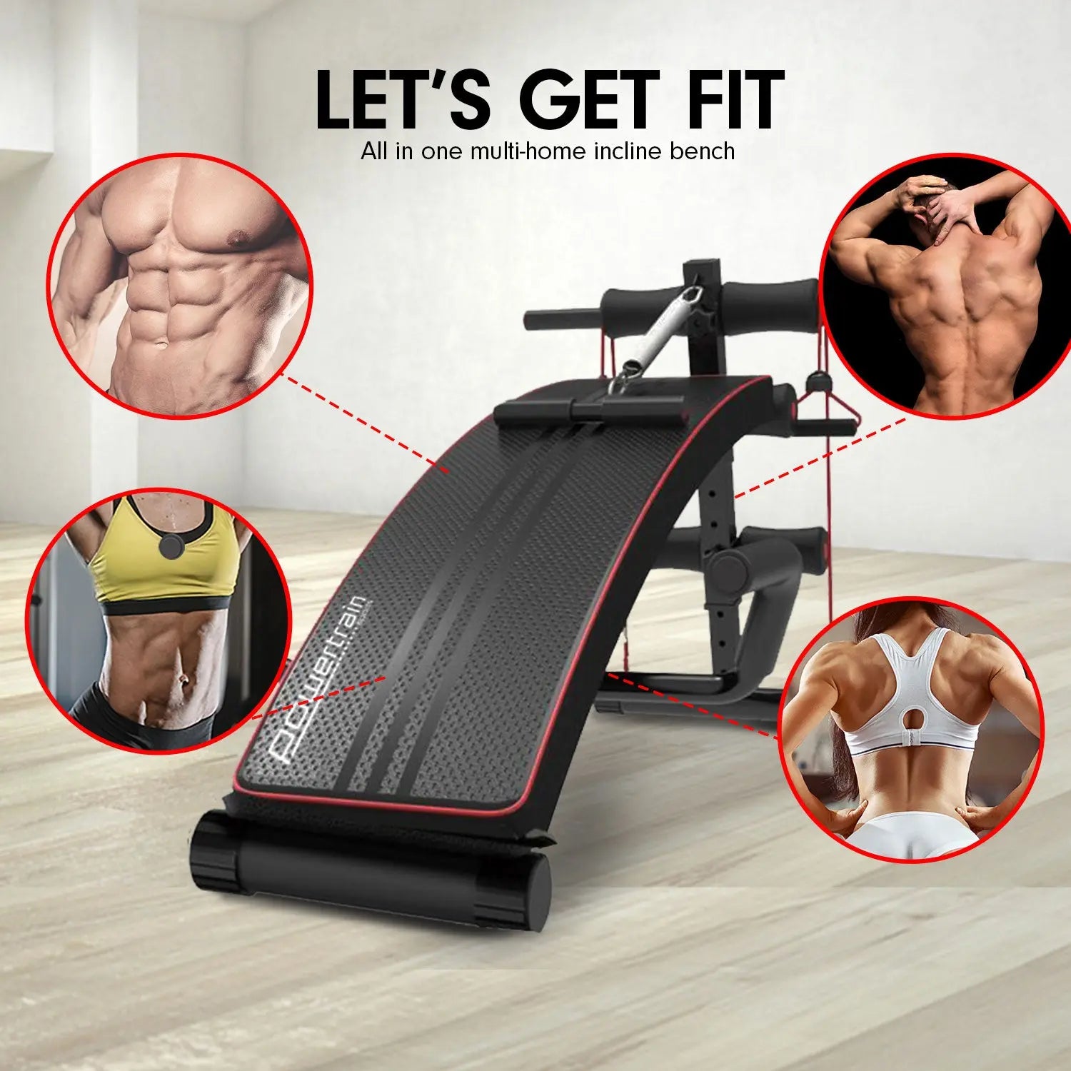 Powertrain Incline Sit-Up Bench with Resistance Bands and Rowing Bar Build Your Strength