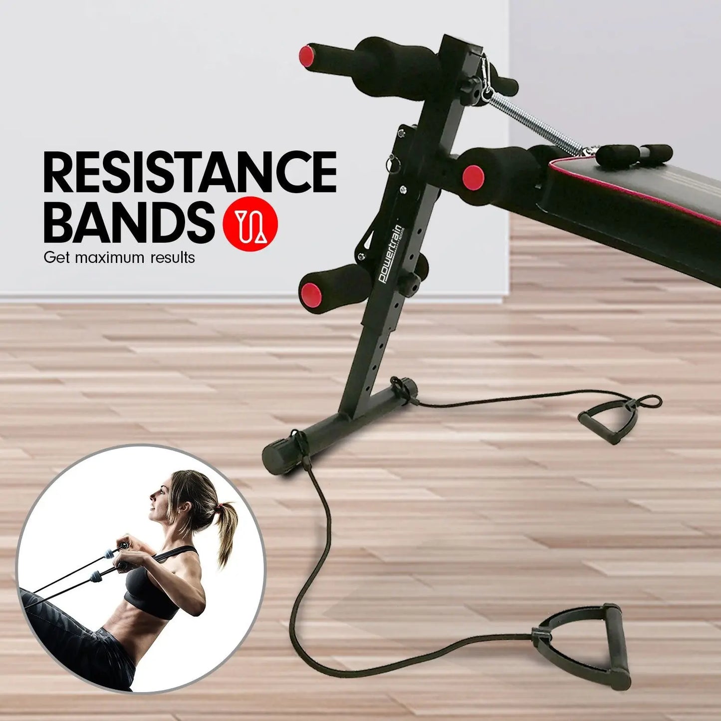 Powertrain Incline Sit-Up Bench with Resistance Bands and Rowing Bar Build Your Strength