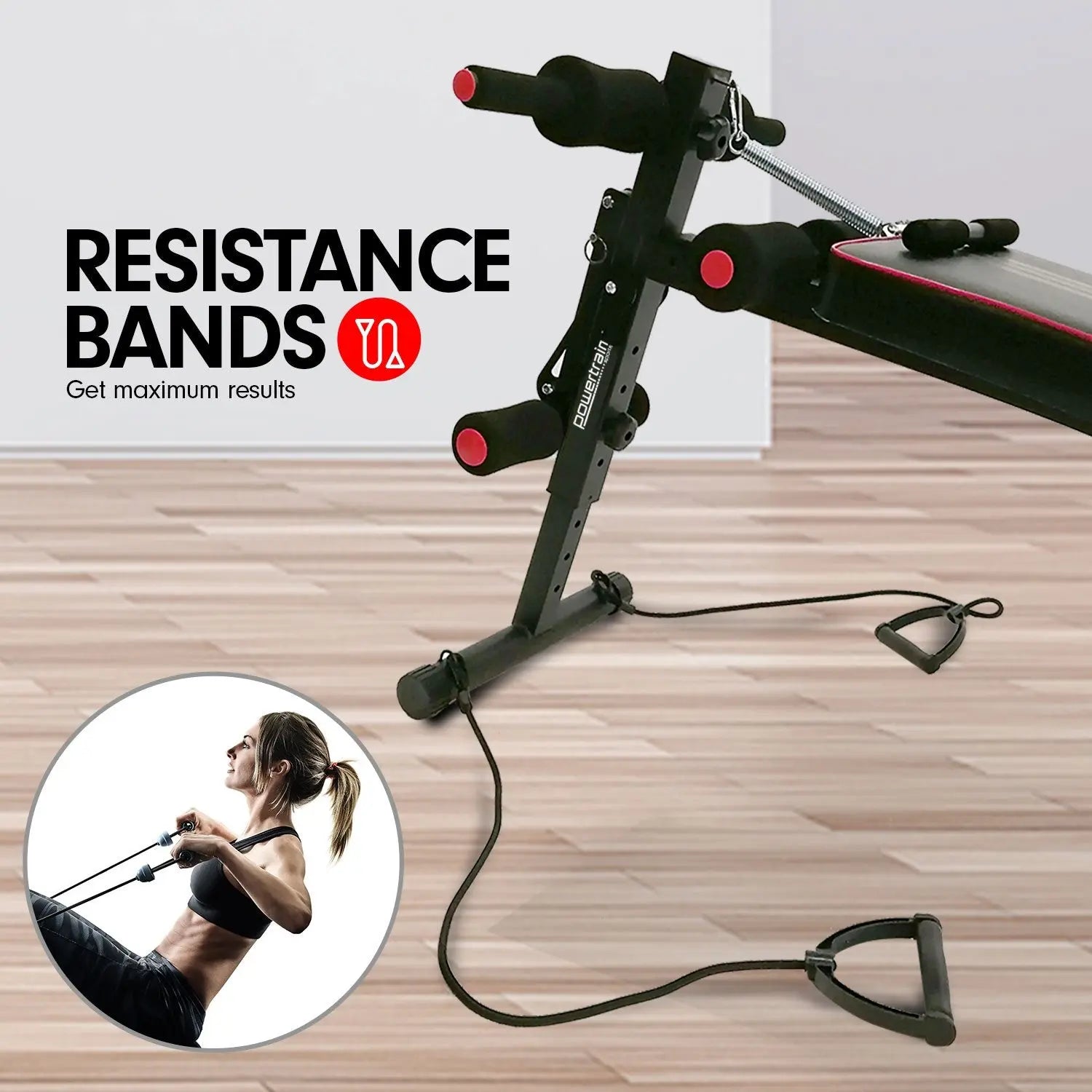 Powertrain Incline Sit-Up Bench with Resistance Bands and Rowing Bar Build Your Strength