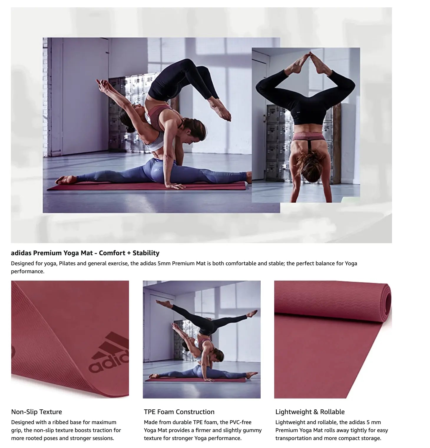 Adidas Premium Yoga Mat 5mm Exercise Training Floor Gym Fitness Pilates - Mystery Ruby Build Your Strength