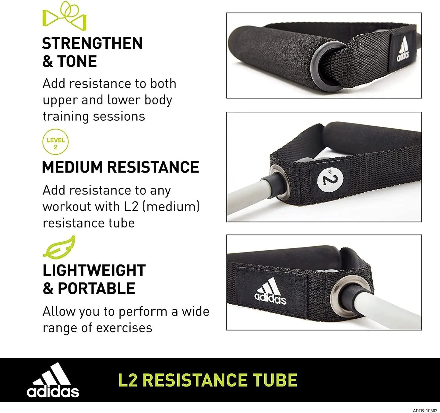 Adidas Resistance Tube Level 2 Band Elastic Yoga Fitness Gym Strap - Grey/Black Build Your Strength